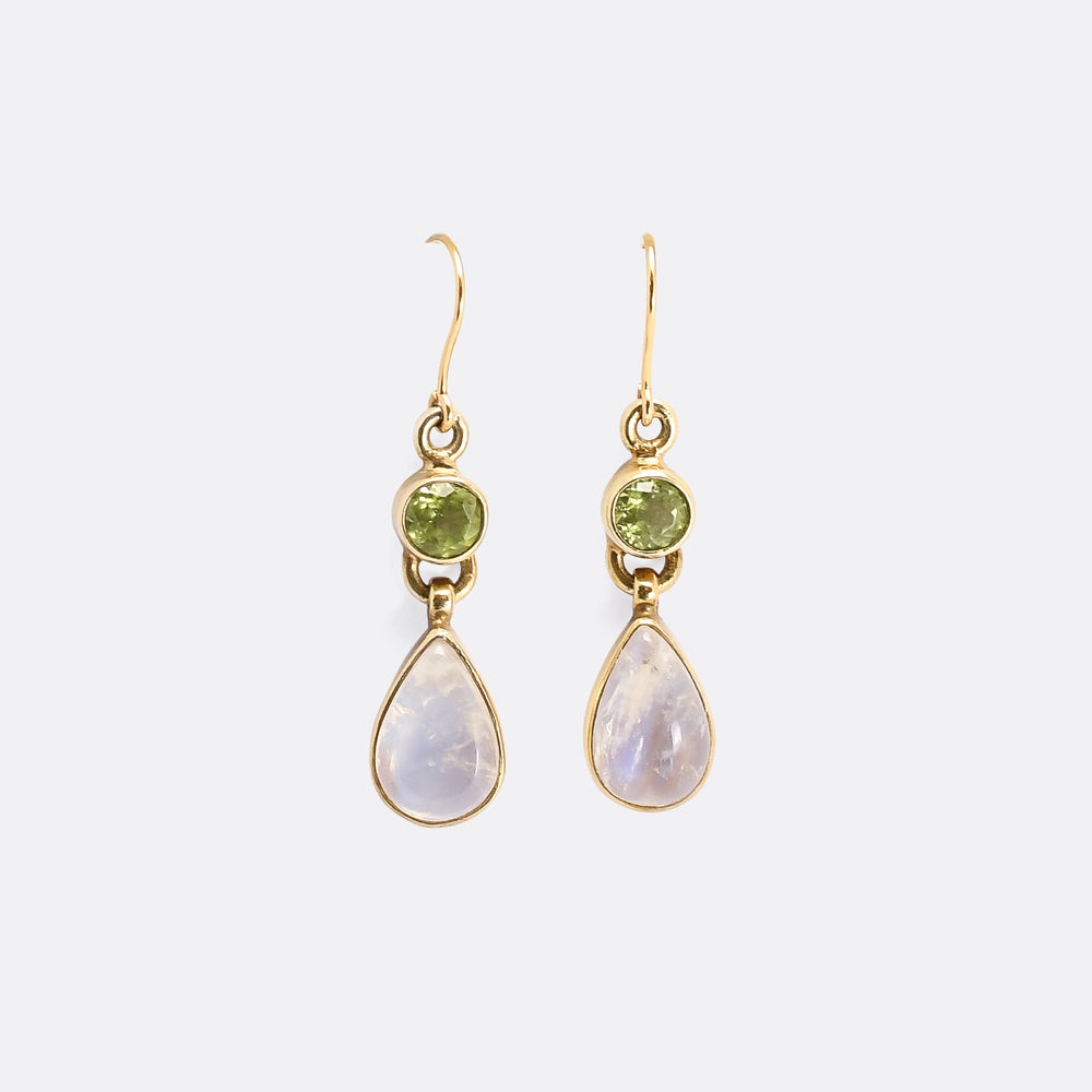 Edwardian Rainbow Moonstone and Peridot Earrings