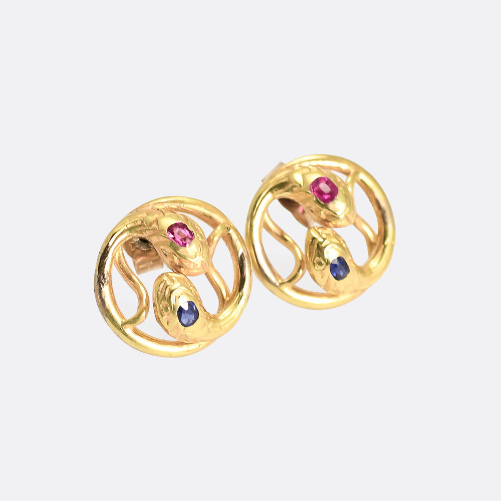 Edwardian Sapphire & Ruby Double Snake Earrings