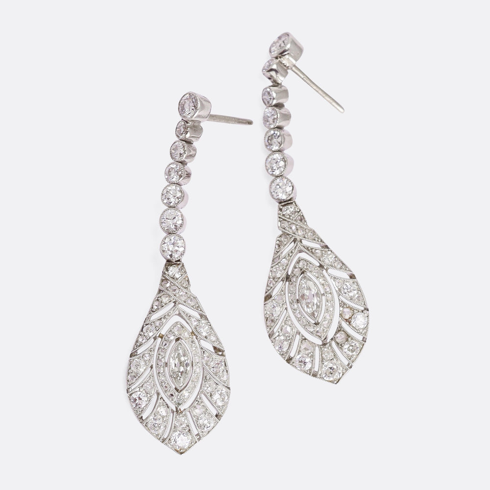 Edwardian Peacock Feathers Diamond Drop Earrings
