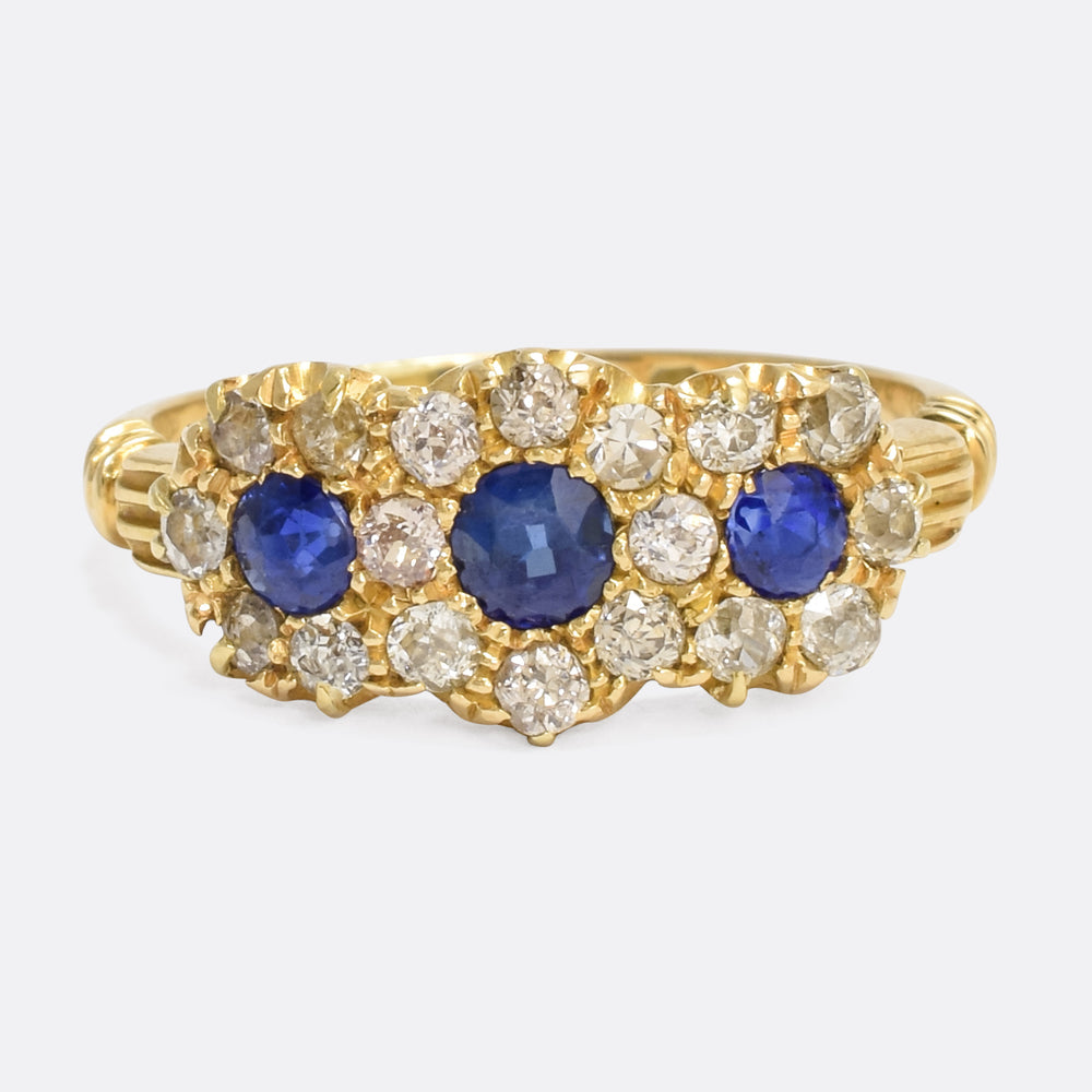 Edwardian Sapphire & Diamond Three-Stone Cluster Ring