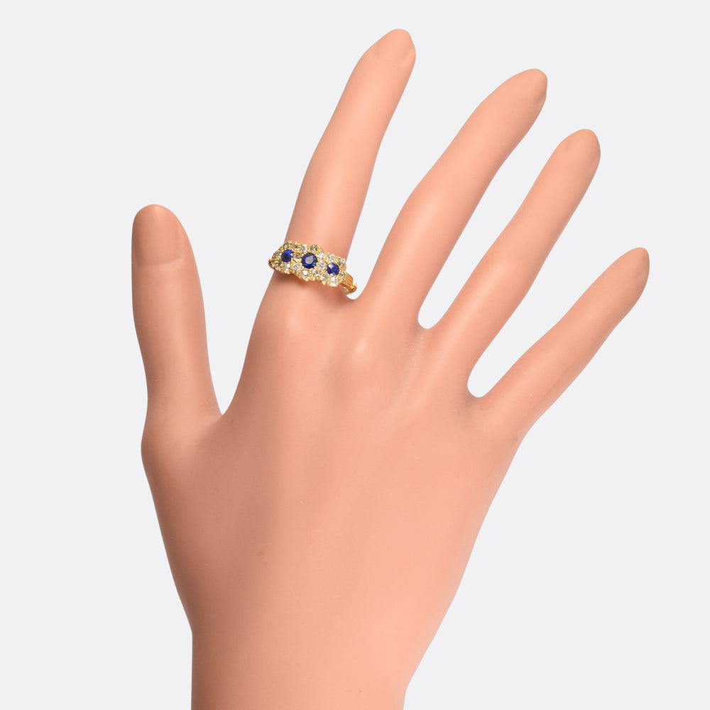 Edwardian Sapphire & Diamond Three-Stone Cluster Ring