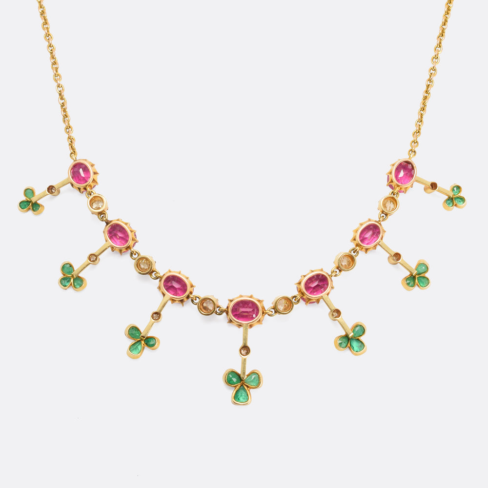 Edwardian Tourmaline, Emerald & Diamond Fringe Necklace
