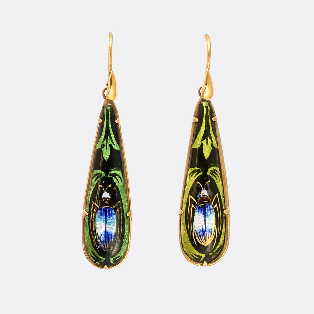 Egyptian Revival Limoges Enamel Beetle Earrings