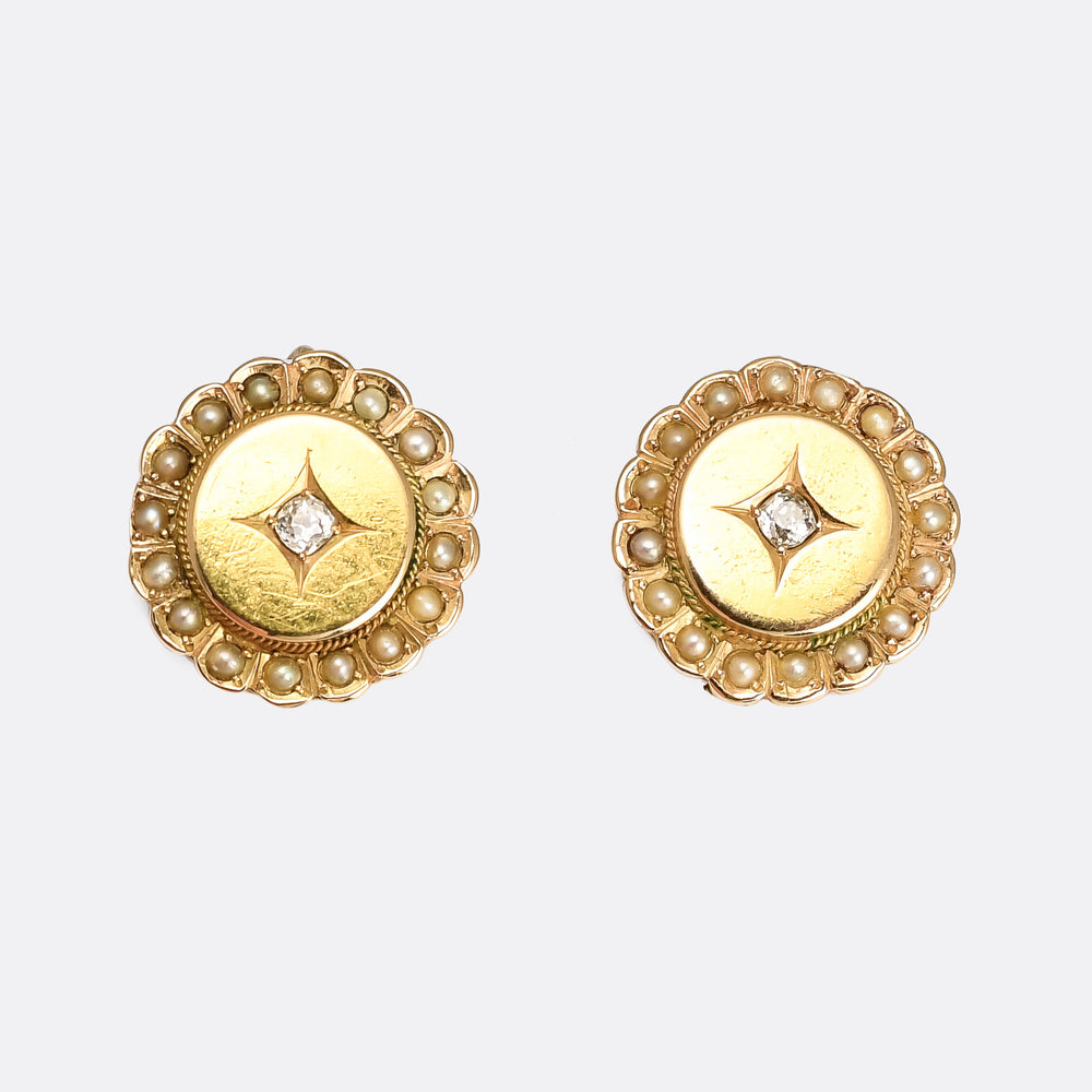 Etruscan Revival Diamond & Pearl Flower Earrings