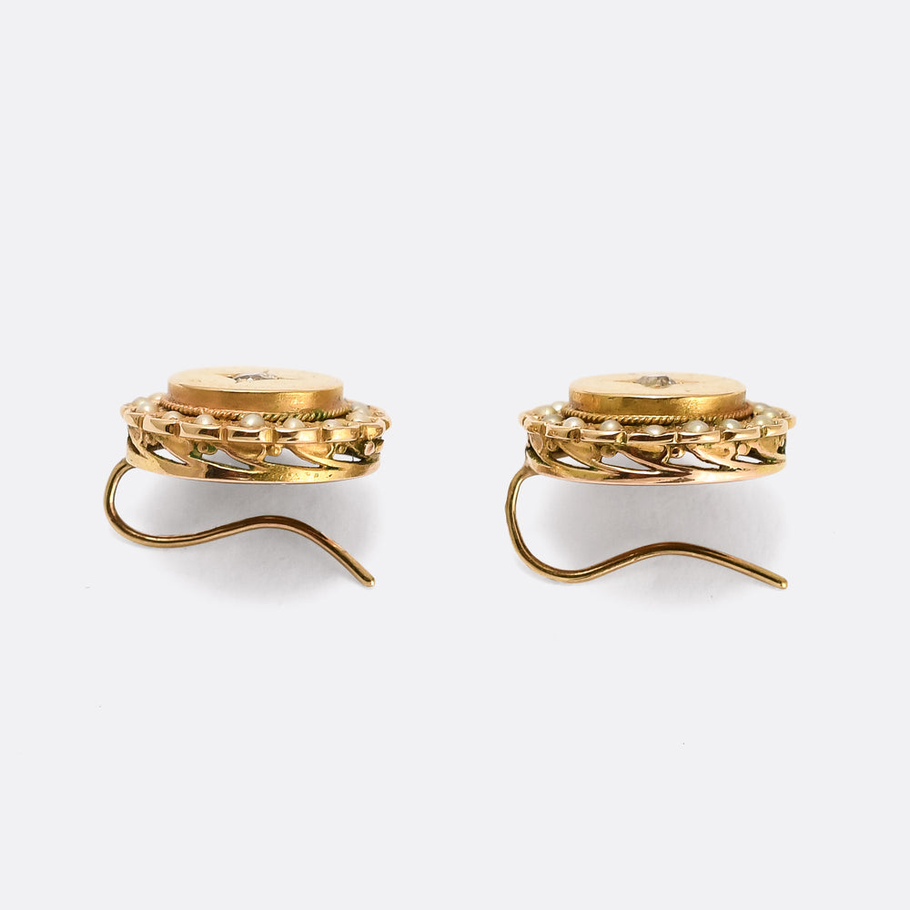 Etruscan Revival Diamond & Pearl Flower Earrings