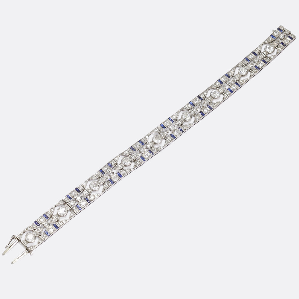 French Art Deco Diamond & Sapphire Millegrain Panel Bracelet