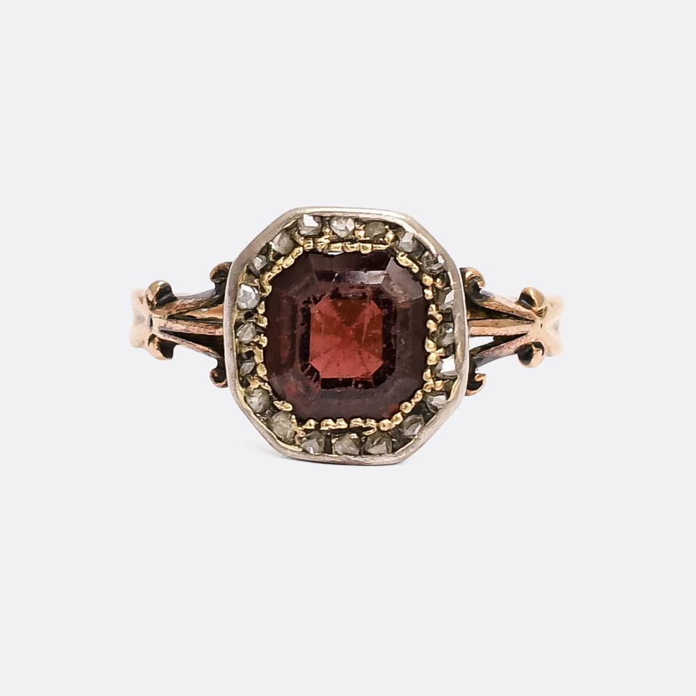 Georgian Flat-Cut Garnet & Diamond Cluster Ring