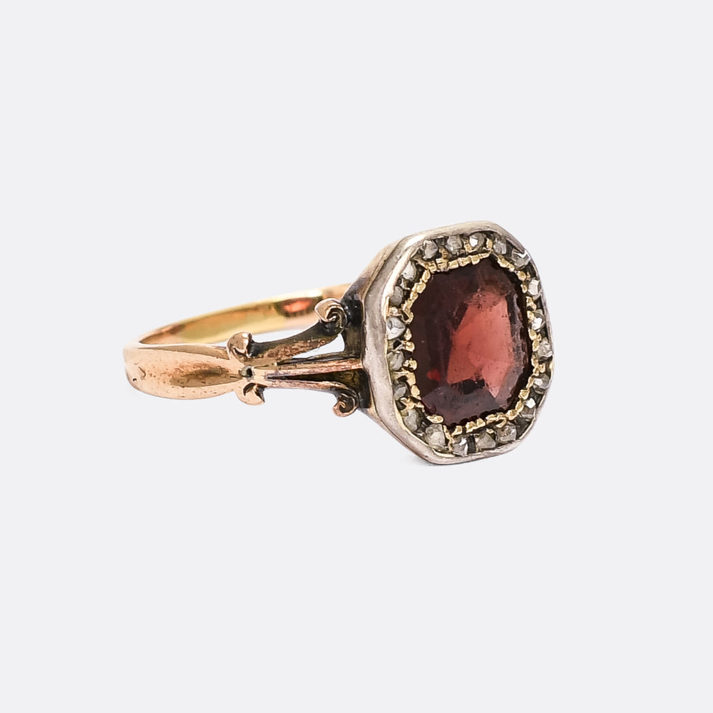 Georgian Flat-Cut Garnet & Diamond Cluster Ring