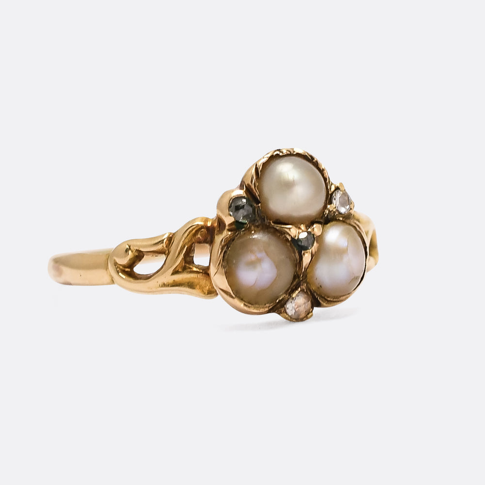 Georgian Pearl Three-Stone Cluster Ring