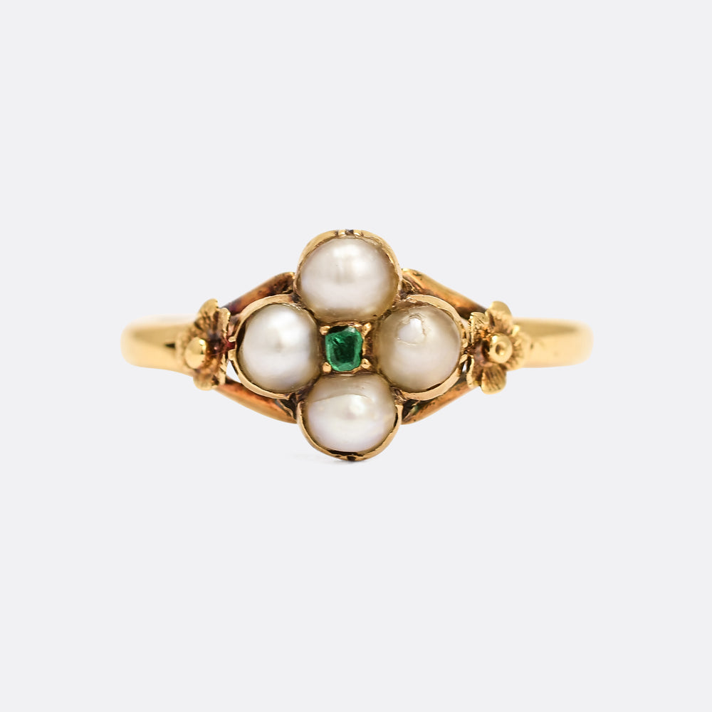 Georgian Pearl & Emerald Flower Cluster Ring