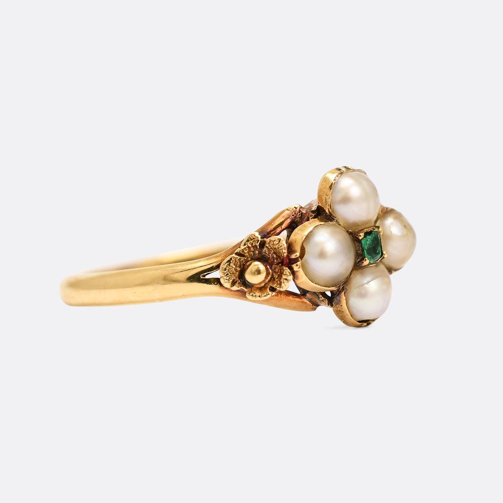 Georgian Pearl & Emerald Flower Cluster Ring