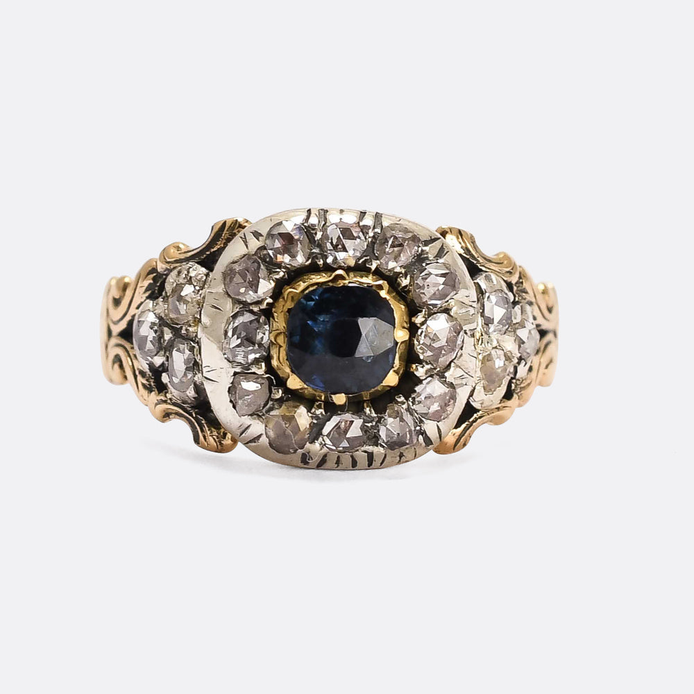 Georgian Sapphire & Diamond Cushion Cluster Ring