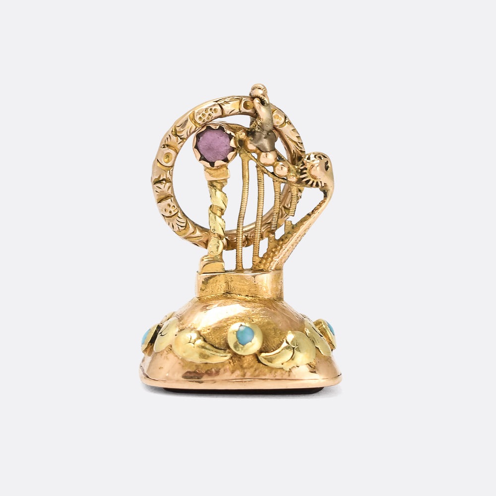 Georgian Turquoise & Amethyst Harp Fob Pendant