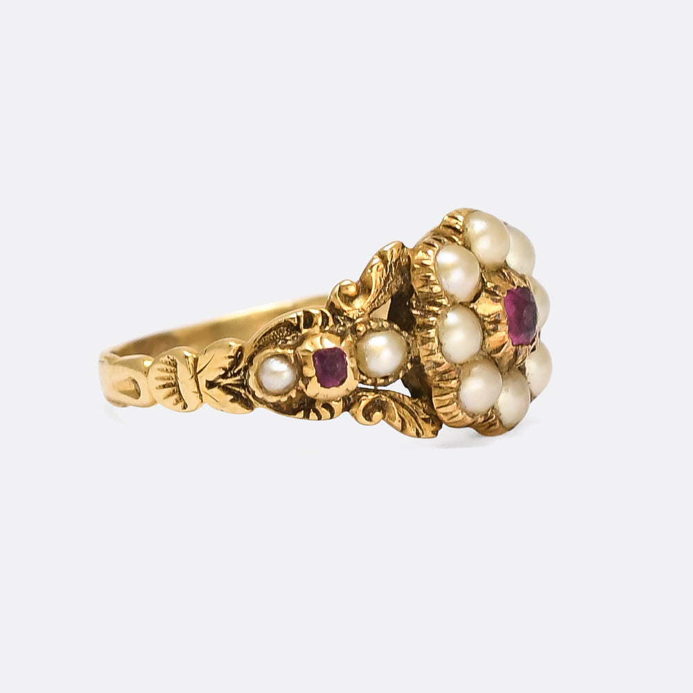 Late Georgian Pearl & Ruby Flower Locket Ring