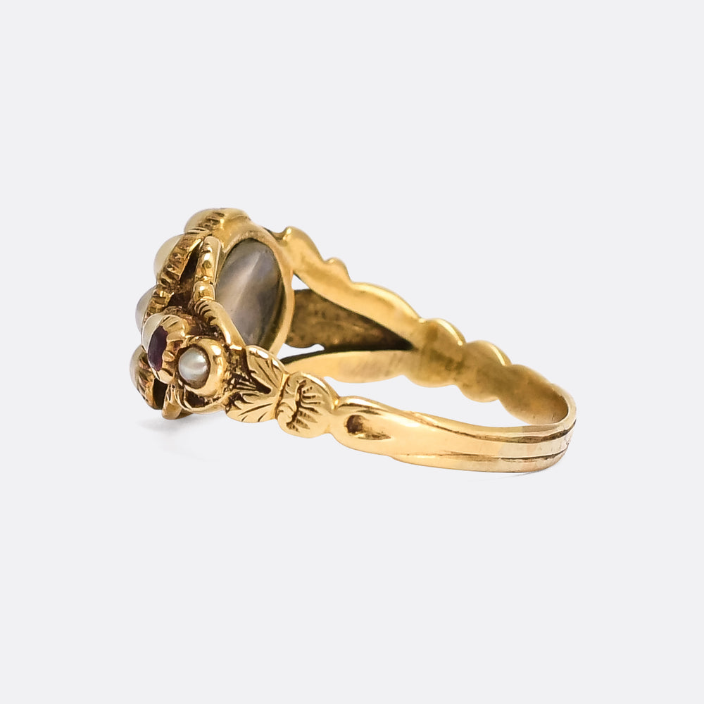 Late Georgian Pearl & Ruby Flower Locket Ring