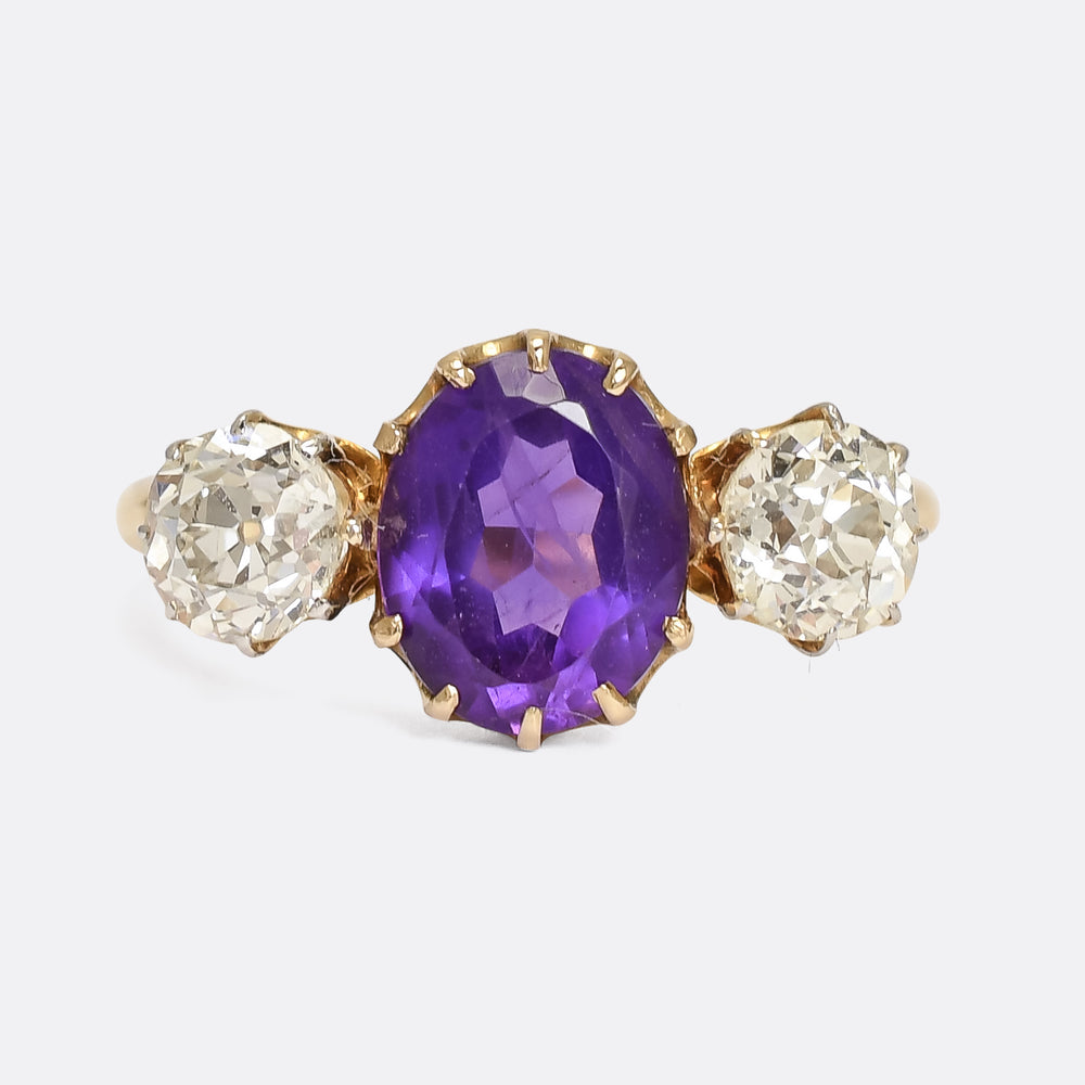 Late Victorian Amethyst & Old Cut Diamond Trilogy Ring