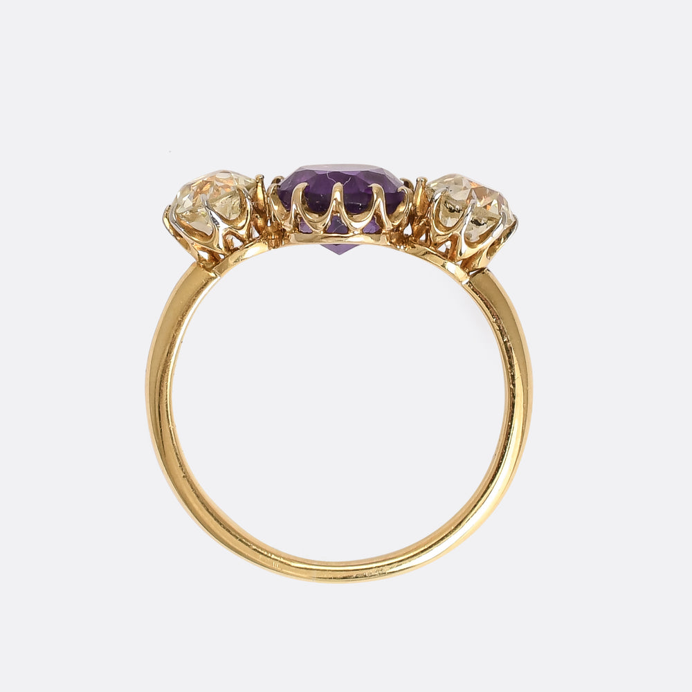 Late Victorian Amethyst & Old Cut Diamond Trilogy Ring