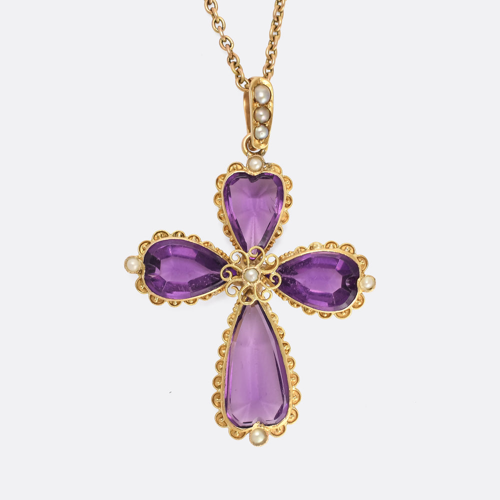 Late Victorian Amethyst & Pearl Cross Pendant