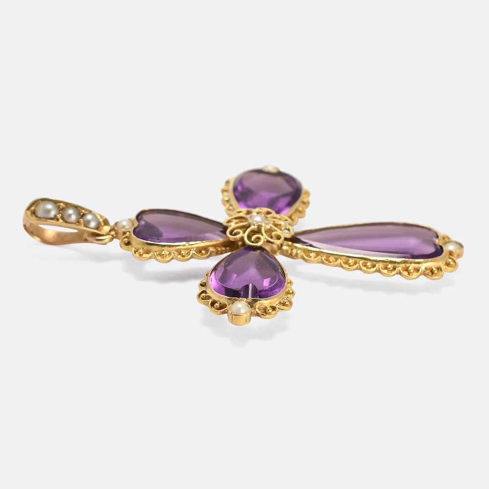 Late Victorian Amethyst & Pearl Cross Pendant