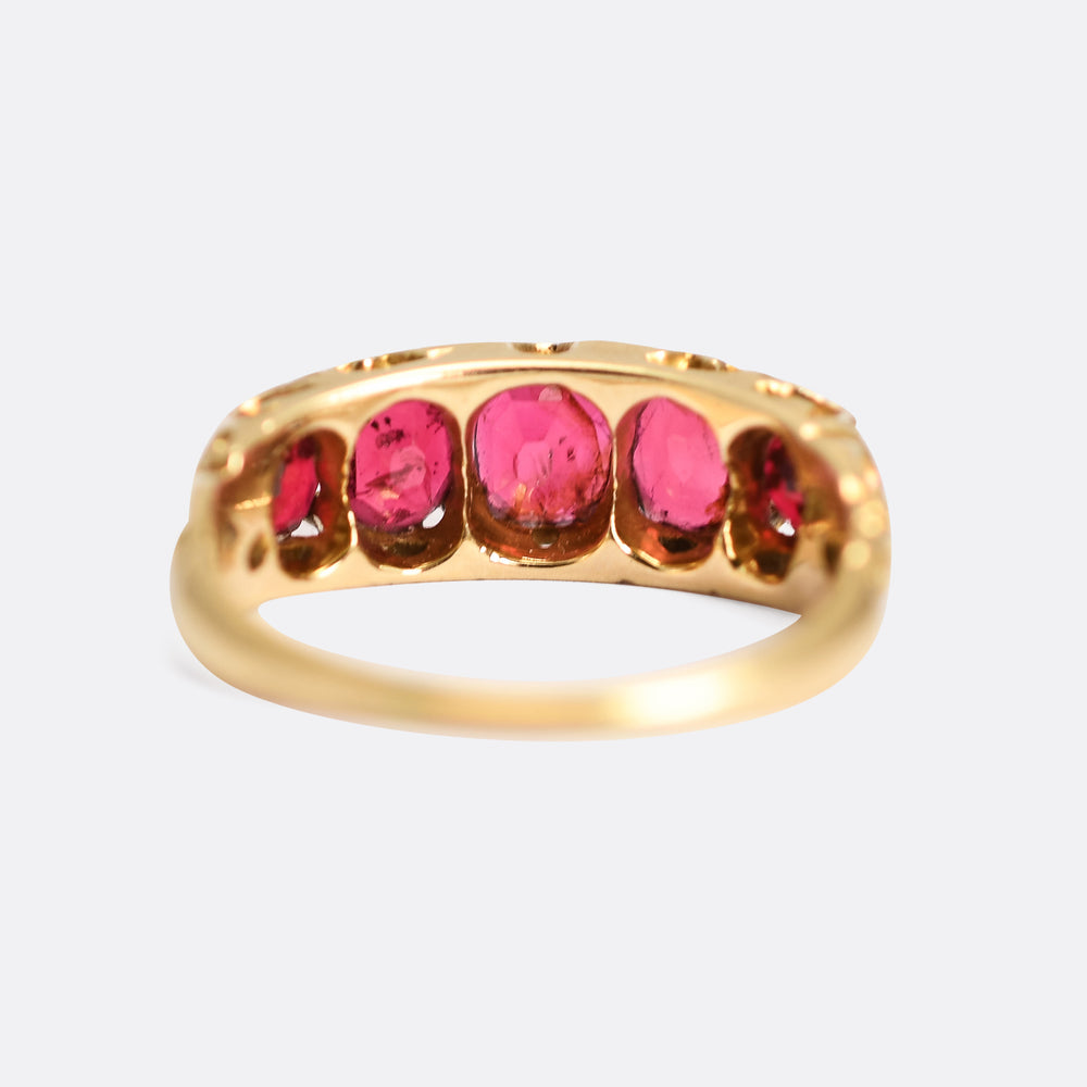 Late Victorian Red Spinel 5-Stone Carved Half-Hoop Ring