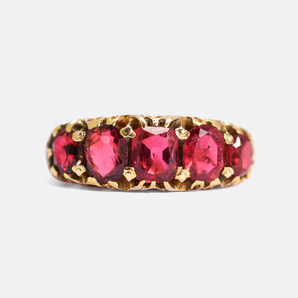 Late Victorian Red Spinel 5-Stone Carved Half-Hoop Ring