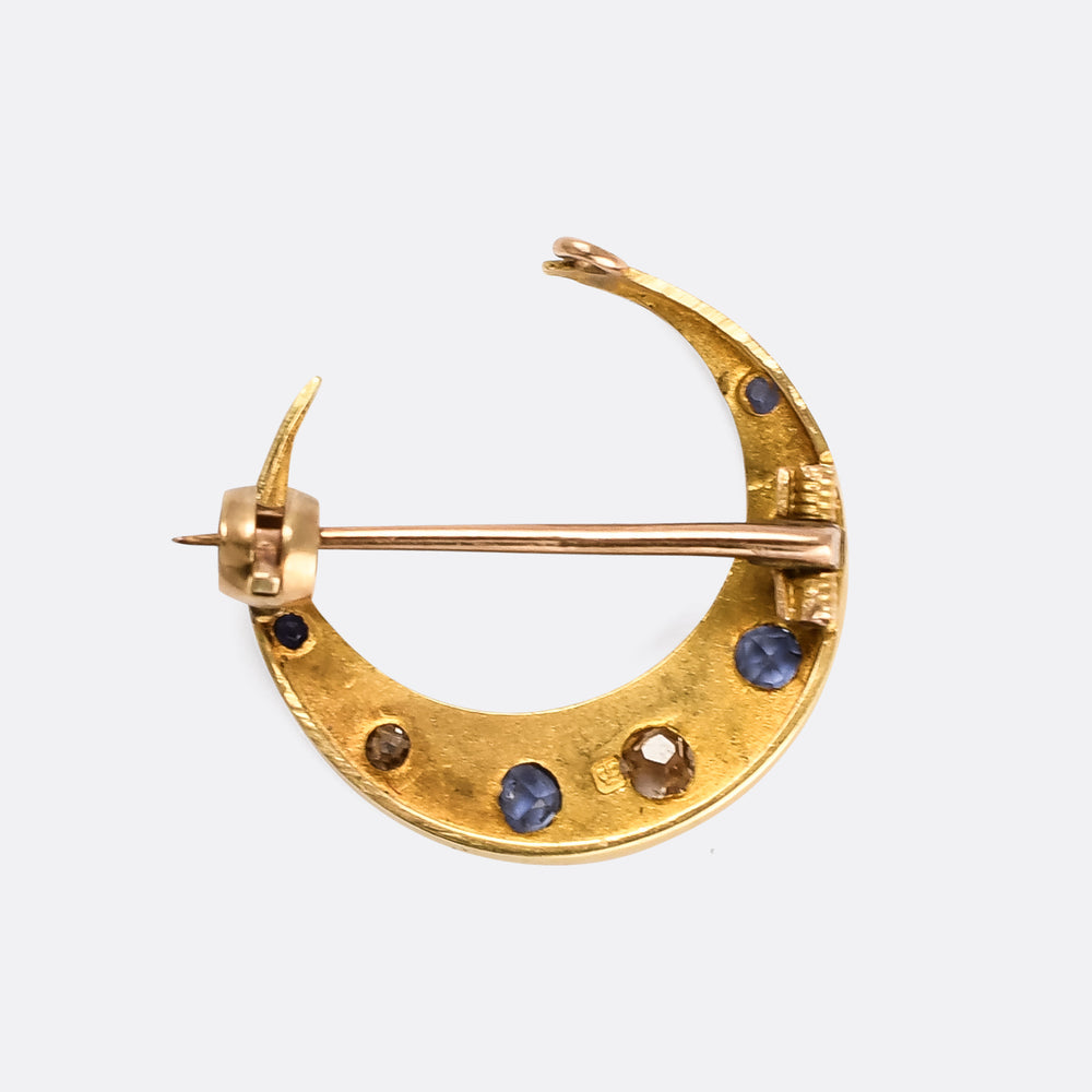 Late Victorian Sapphire & Diamond Crescent Moon Brooch