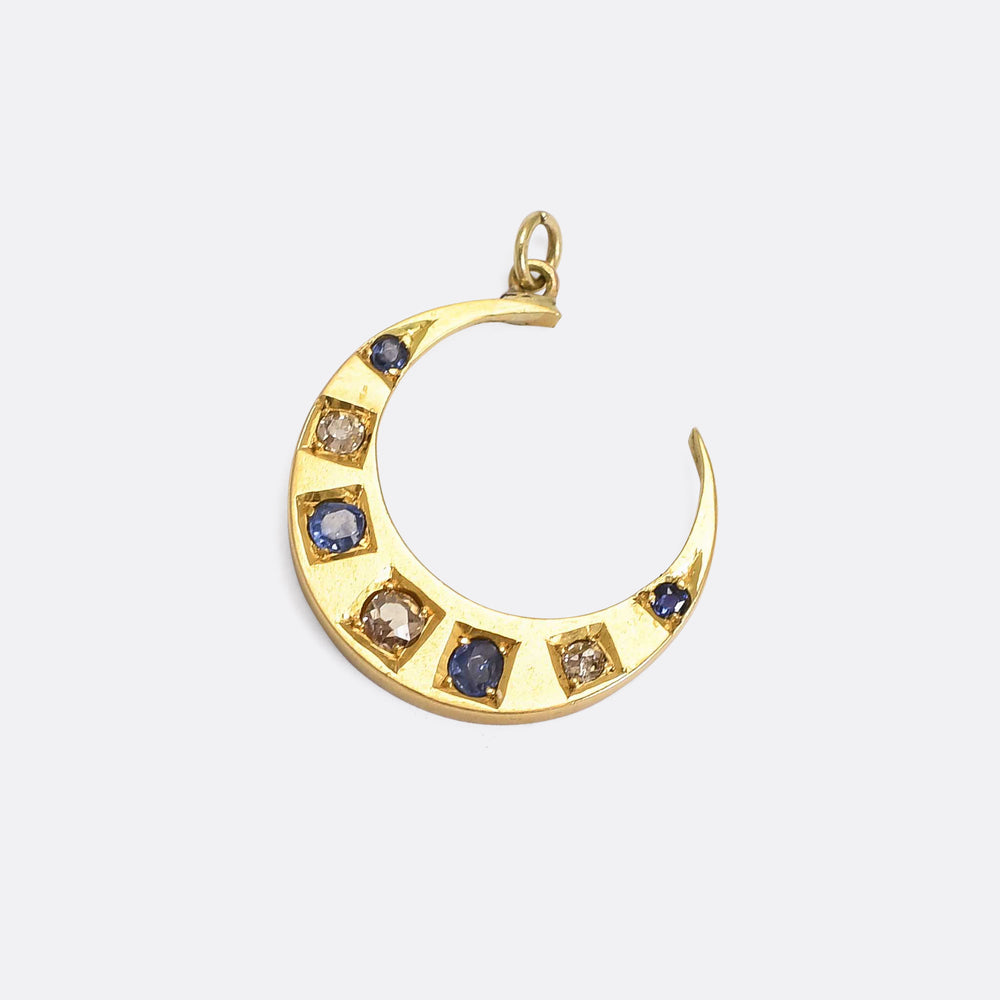 Late Victorian Sapphire & Diamond Crescent Moon Pendant