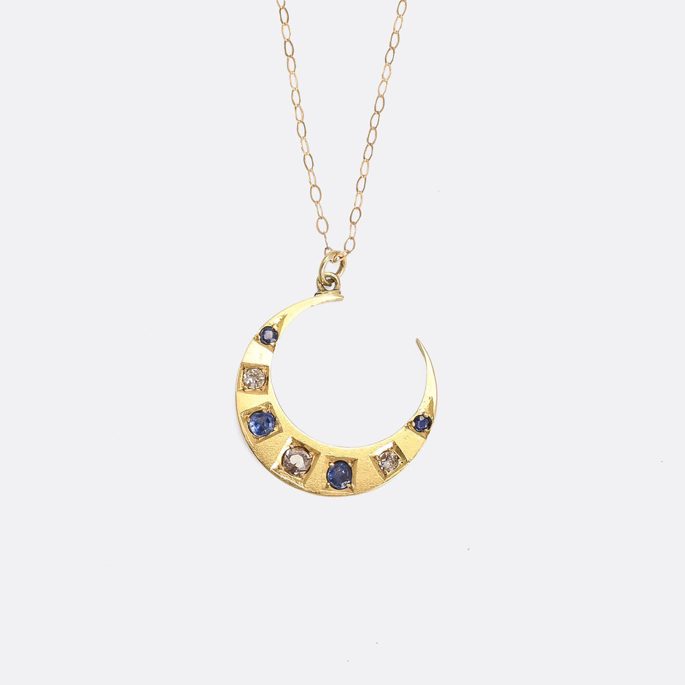 Late Victorian Sapphire & Diamond Crescent Moon Pendant