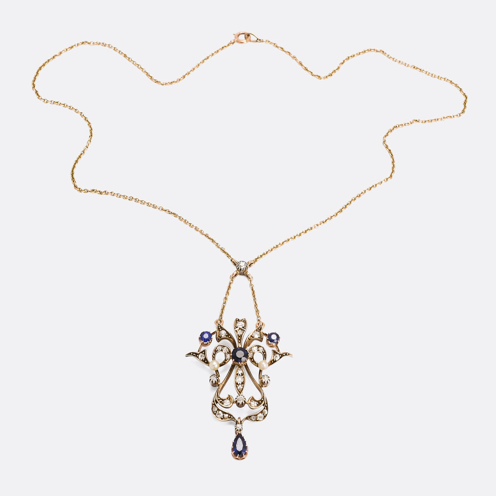 Late Victorian Sapphire, Pearl & Diamond Lavalier Pendant