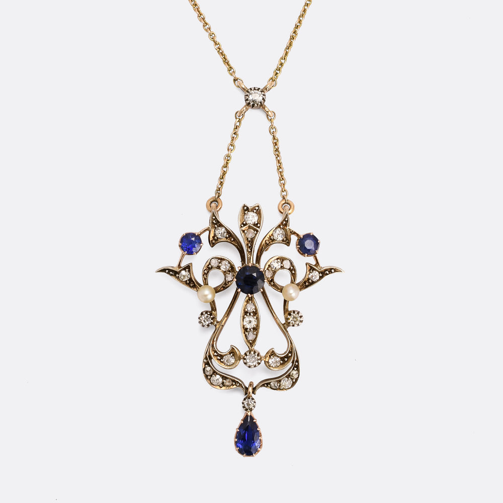 Late Victorian Sapphire, Pearl & Diamond Lavalier Pendant