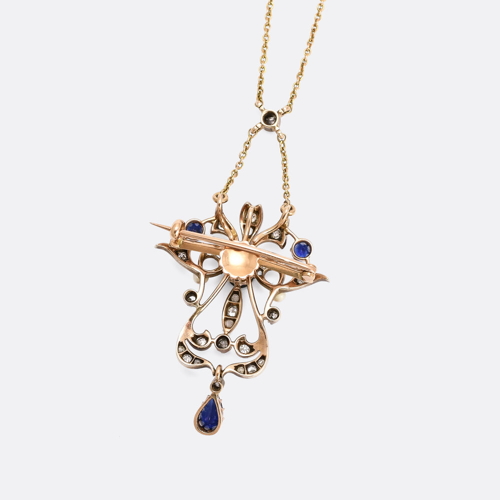 Late Victorian Sapphire, Pearl & Diamond Lavalier Pendant