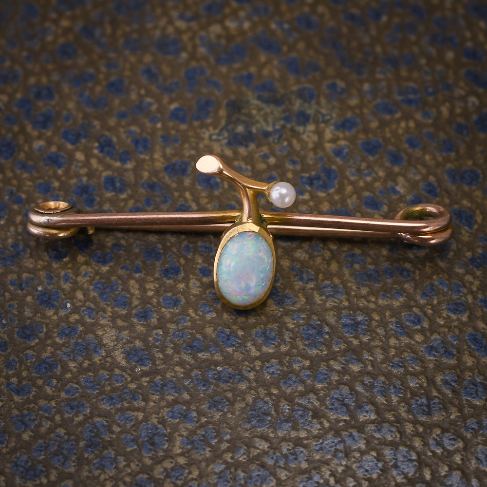 Edwardian Opal & Pearl Olive Branch Brooch