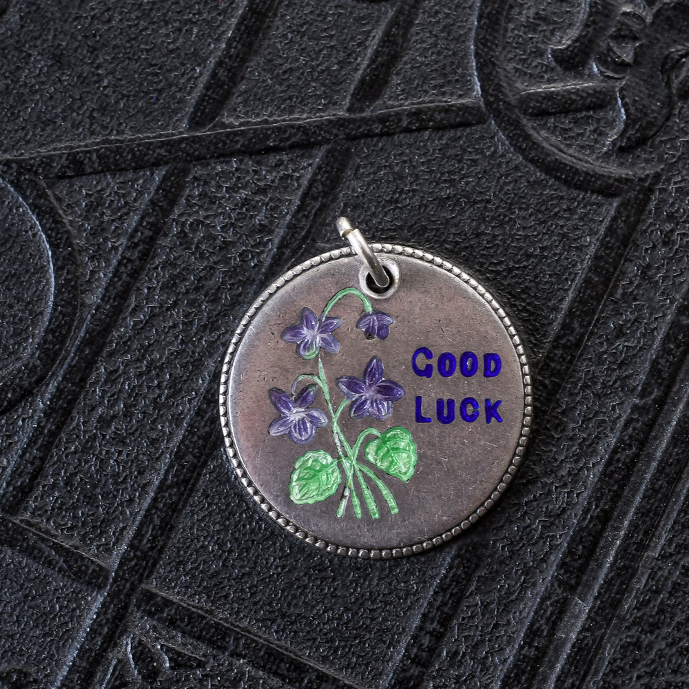 1920s Silver Enamel Pansy 'Good Luck' Pendant