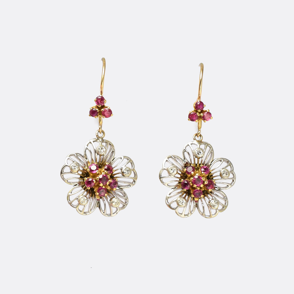 Mid-Century Diamond & Ruby Bi-Metal Flower Earrings