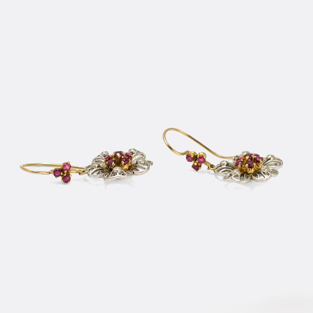Mid-Century Diamond & Ruby Bi-Metal Flower Earrings
