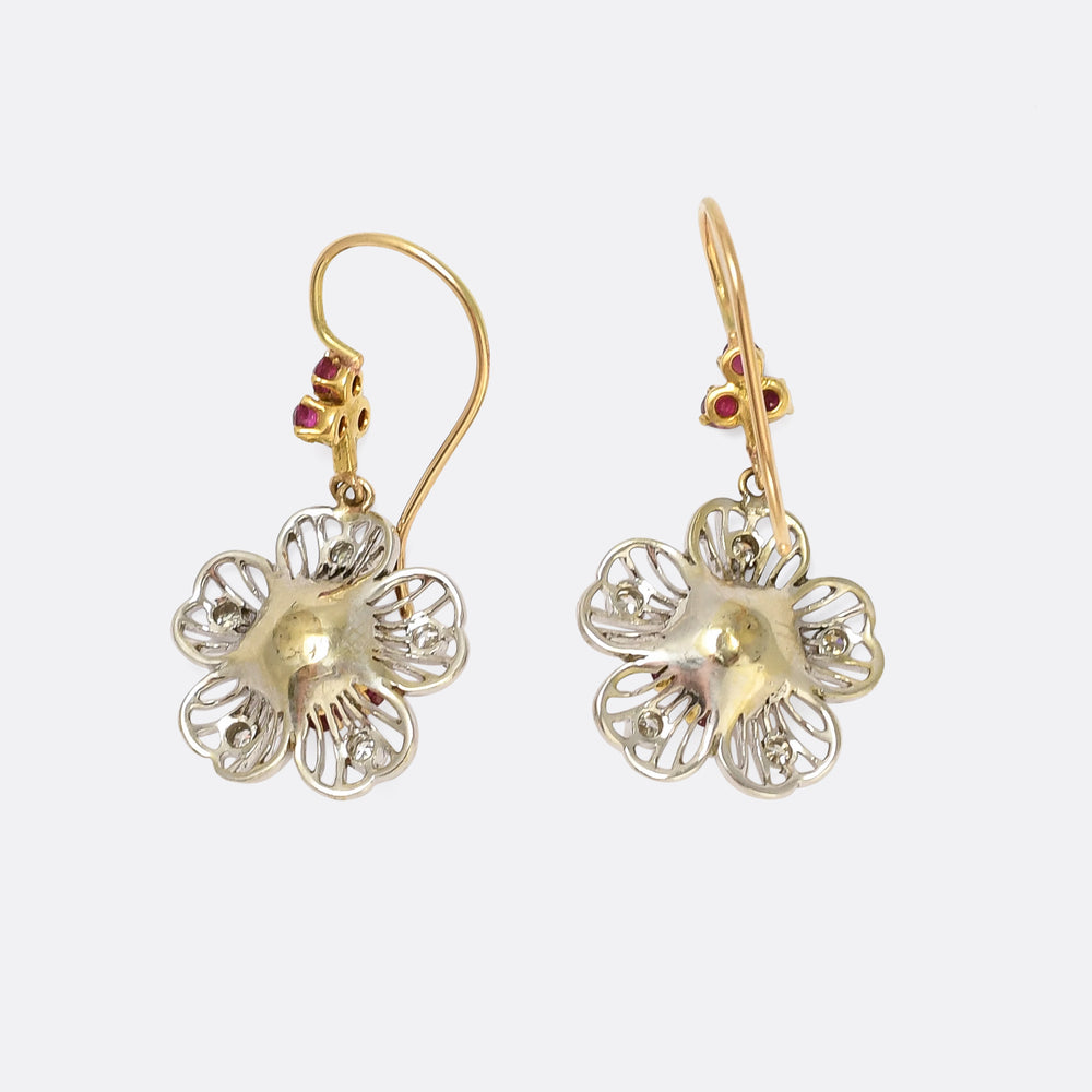Mid-Century Diamond & Ruby Bi-Metal Flower Earrings