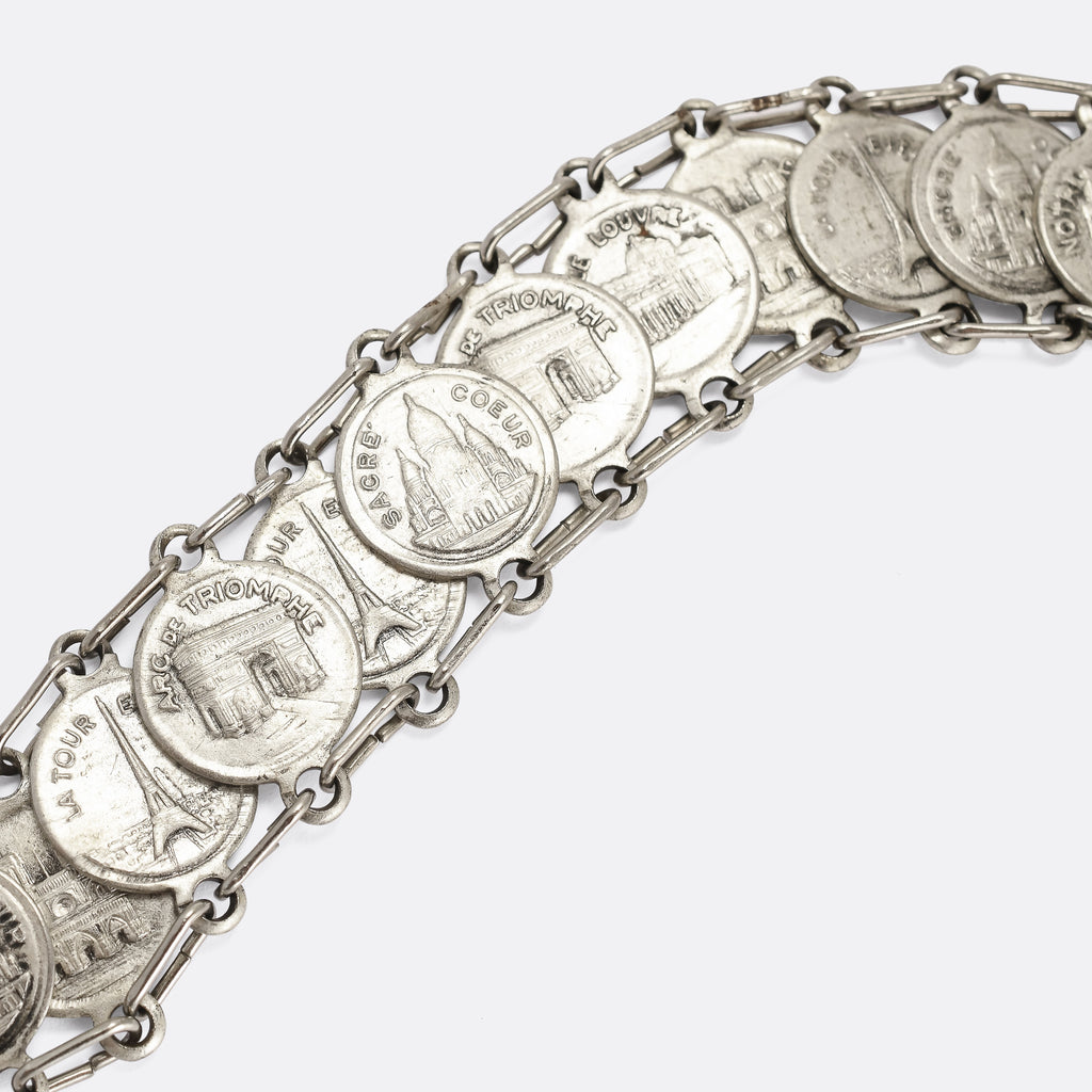 Bracelet Souvenir Paris En Argent Tonné 7.25 - Monuments Français, Vintage, Fait Main