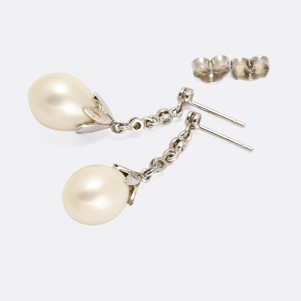 Mid-Century Pearl & Diamond Drop Earrings