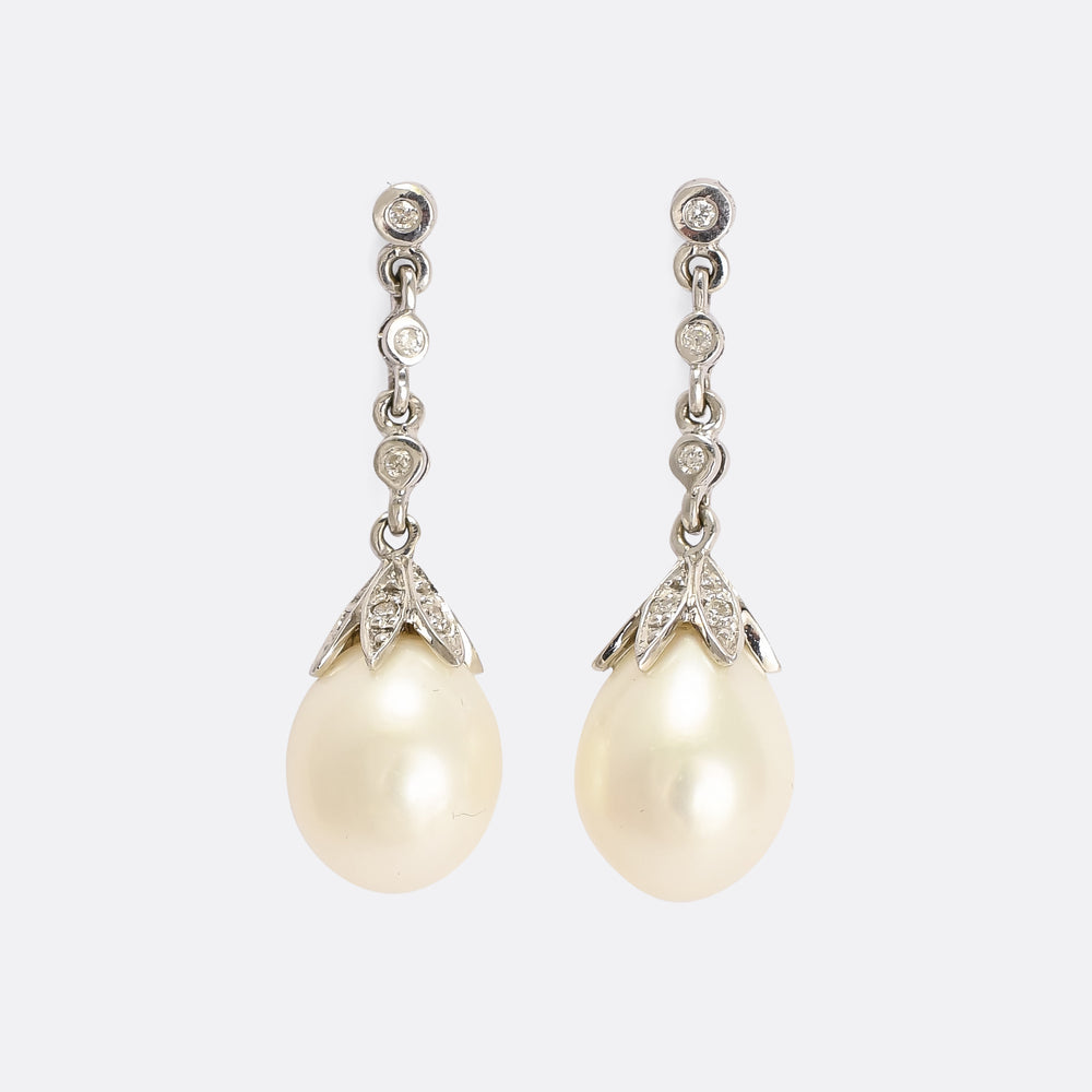 Mid-Century Pearl & Diamond Drop Earrings