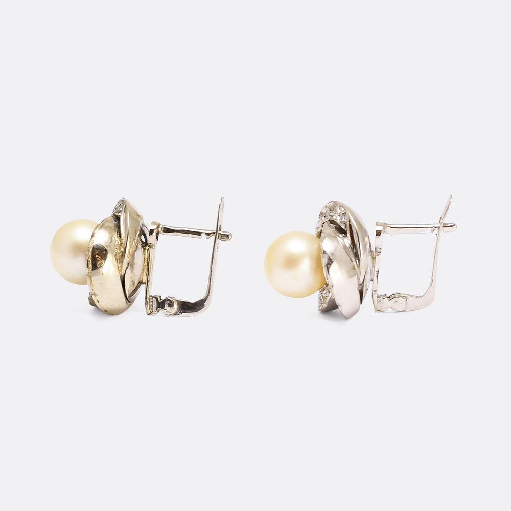 Mid-Century Pearl & Diamond Halo Earrings