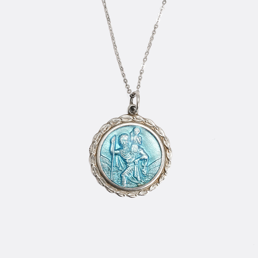 Mid-Century Powder Blue Enamel Saint Christopher Pendant