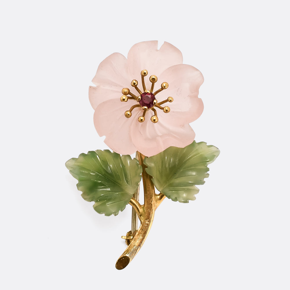 Mid-Century Rose Quartz & Jade Dog Rose Brooch