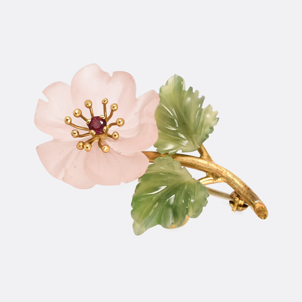 Mid-Century Rose Quartz & Jade Dog Rose Brooch