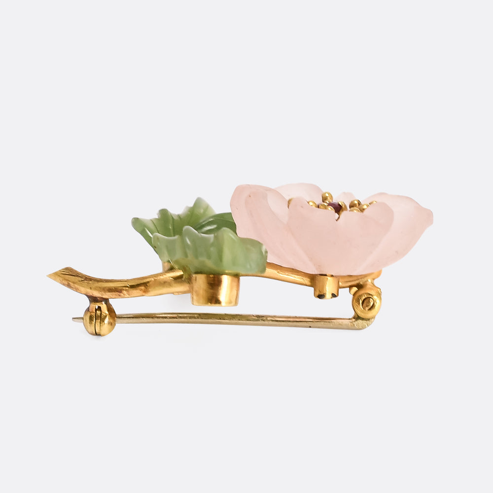 Mid-Century Rose Quartz & Jade Dog Rose Brooch
