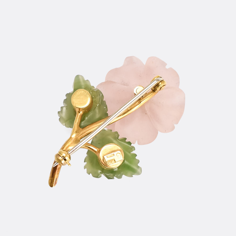 Mid-Century Rose Quartz & Jade Dog Rose Brooch