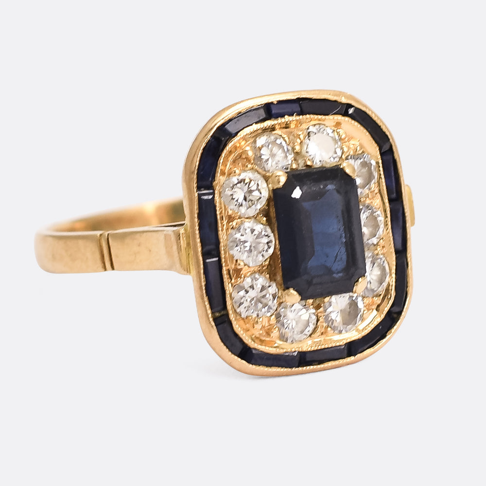 Mid-Century Sapphire & Diamond Cushion Cluster Ring