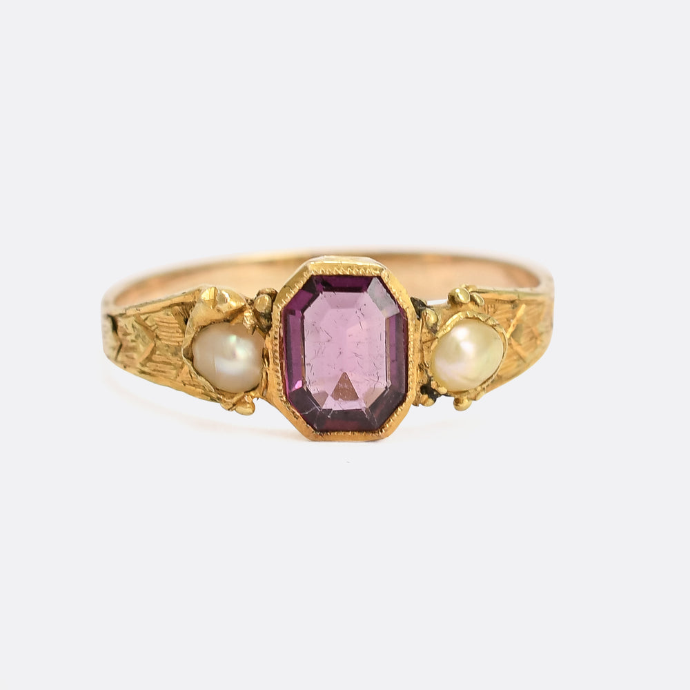 Mid-Victorian Almandine Garnet & Pearl Three-Stone Ring