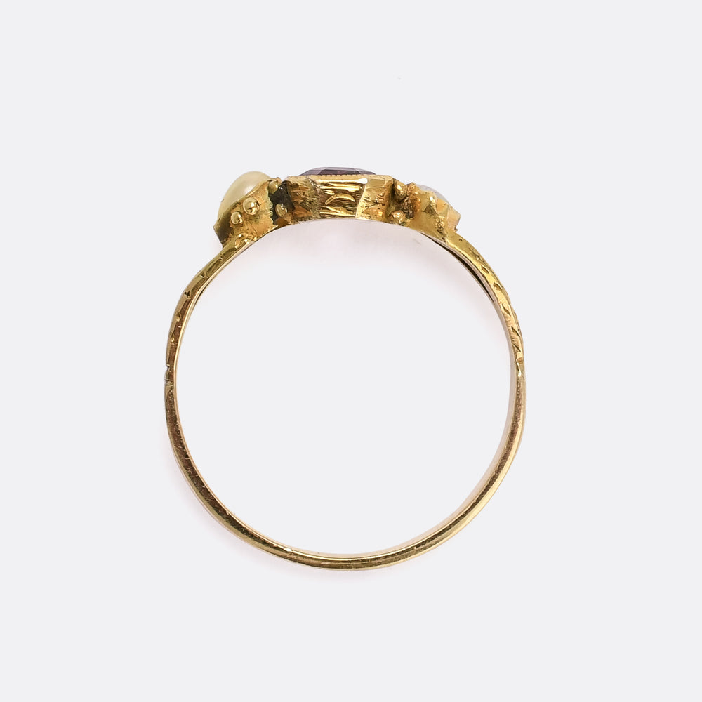 Mid-Victorian Almandine Garnet & Pearl Three-Stone Ring