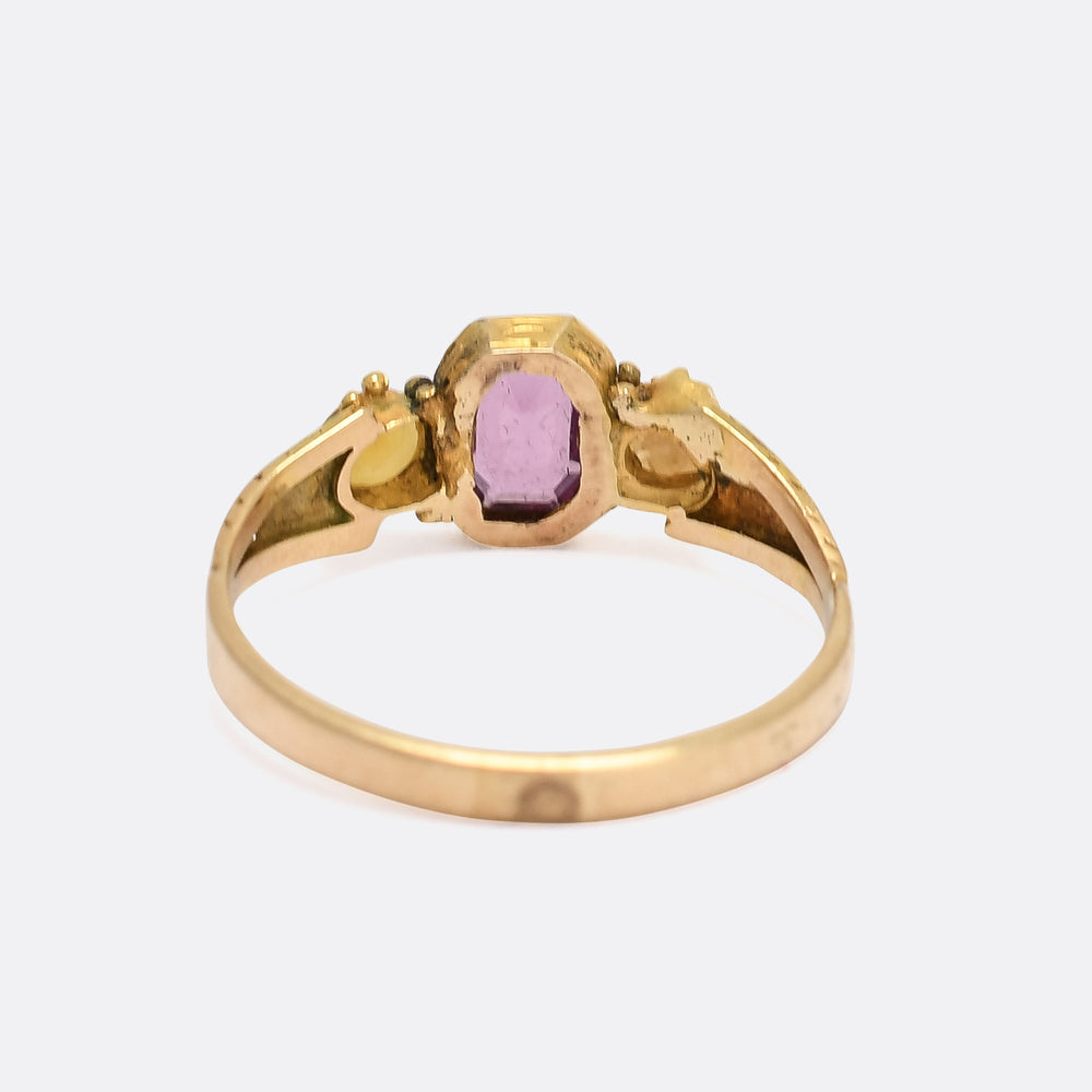 Mid-Victorian Almandine Garnet & Pearl Three-Stone Ring