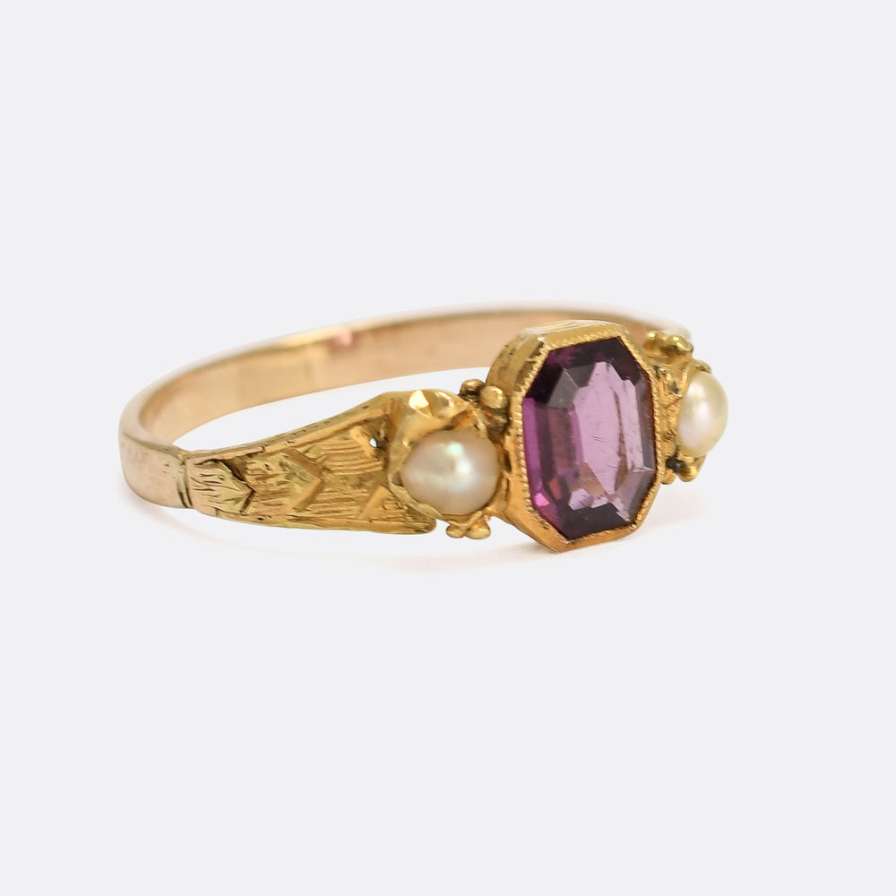 Mid-Victorian Almandine Garnet & Pearl Three-Stone Ring